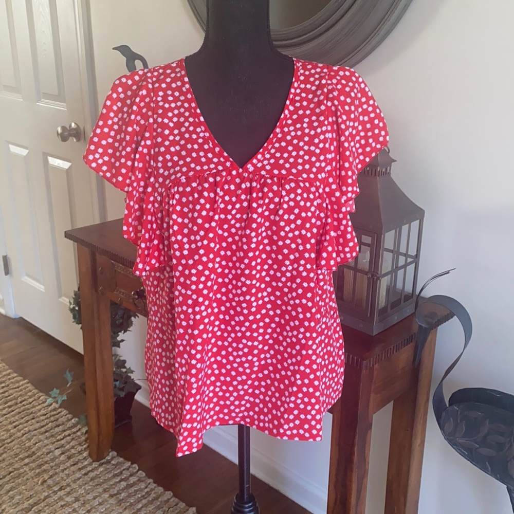 Red and White Printed Ruffled Top